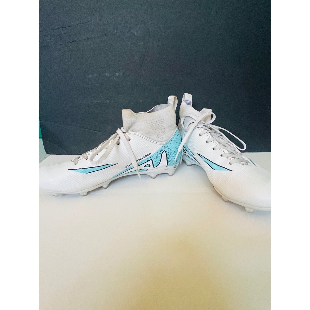 RROCDTE Kids Soccer Cleats White Blue High Top Athletic Football Shoes Size 4
